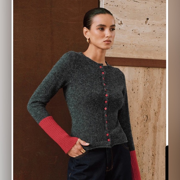 Contrast Cuff Wool-Blend Cardigan - Picture 2 of 7